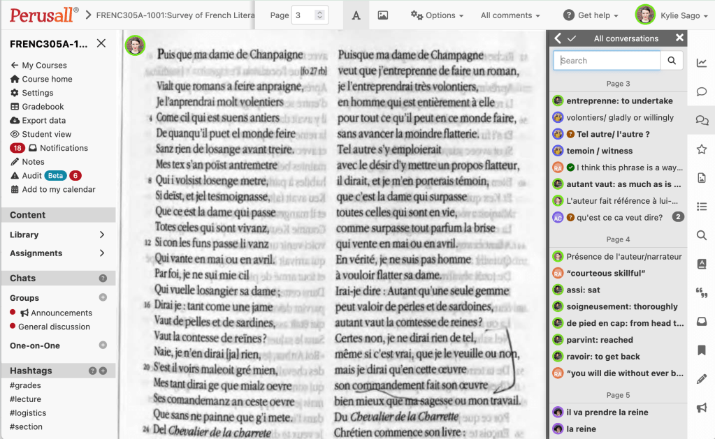 Screen visualization of a reading accessed on Perusall. A list of comments beside a scanned medieval French text show instructor explanations and students' addition of meanings of unknown vocabulary words.
